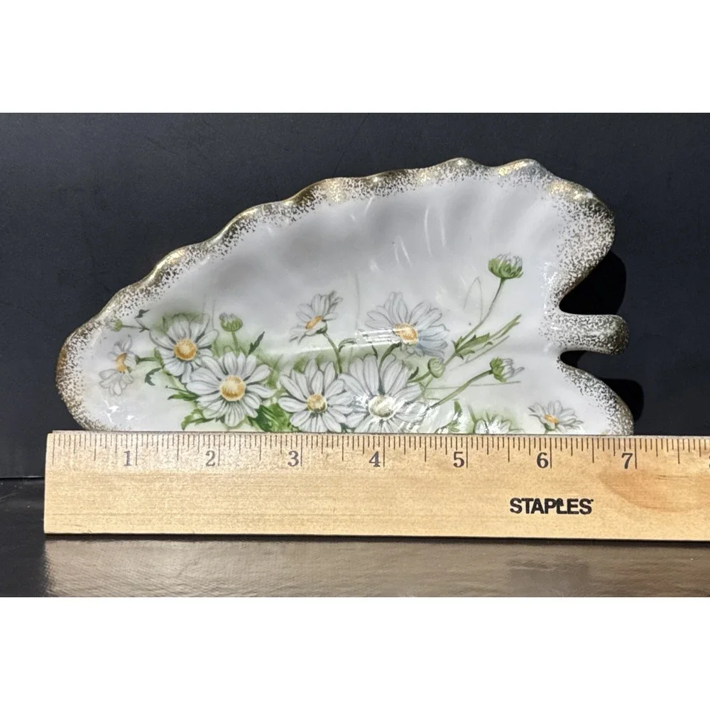 Royal Crown Daisy Bouquet Green White Gold Hand Painted Leaf‎ Dish #3191